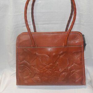 Beautiful Warm Brown Tooled Leather Patricia Nash Oversized Handbag